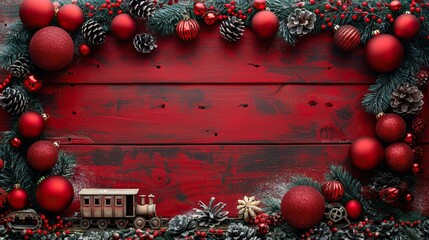 Wall Mural - elegant christmas composition with vintage ornaments,festive garland on red vertical background handcrafted holiday card featuring a vintage sleigh wooden toy train,a merry atmosphere.