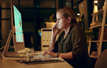 Aufkleber - Phone call, computer and businesswoman in office at night for client financial investment growth. Contact, technology and female executive account manager with technical assistance for stock market.