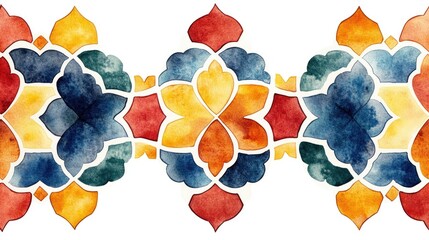 Poster - Vibrant Moroccan Tile Clipart with Intricate Arabesque Patterns in Watercolor Style on White Background  Decorative Ethnic Morocco Inspired Digital Perfect for Boho Bohemian Interior Design Packaging
