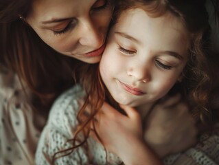 A mother and daughter share a tender moment in a sunlit field during golden hour