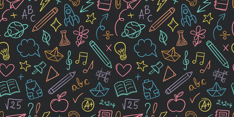 Poster - Dark back to school vector pattern background with colorful school supply doodles, seamless tile