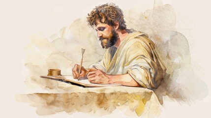 Wall Mural - Apostle Matthews Gospel Writing with Quill and Parchment - Biblical Illustration on Beige Background with Copyspace