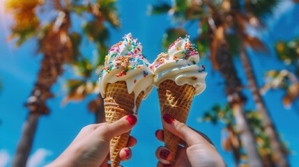 Two hands holding tasty ice cream in tropical beach with blue sea