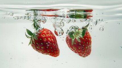 Juicy ripe strawberry fruit in water with bubble