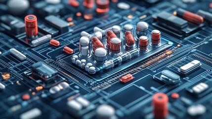 An array of white and red capsules and pills strategically positioned on a blue circuit board, symbolizing the integration of technology and medicine.