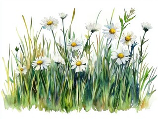 Poster - Watercolor of a lush meadow with vibrant green grass and colorful wild daisy flower patches isolated on a clean white background  This floral and botanical scene has a fresh natural