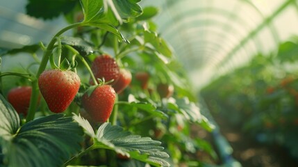 Canvas Print - strawberry plant with fruit in indoor greenhouse plantation farm field