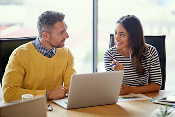 Fototapete - Business people, meeting and planning with laptop in office for IT project, research and feedback. Happy, manager and intern with tech for backend software development, solution or update on progress