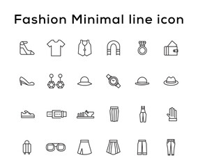 Fashion Minimal line icons collection. Jacket, Winter Coat, Sweatshirt, Dress, Hoody, Jeans, Hat icon for apps and website