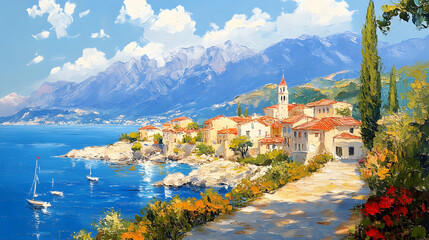 Oil painting of a small town on the Mediterranean Sea, mountains in the background, beautiful summer weather.