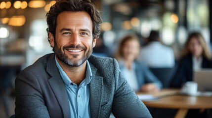 Portrait of a business man sitting in an office with his colleagues in the background. Happy business man working in a co-working office.