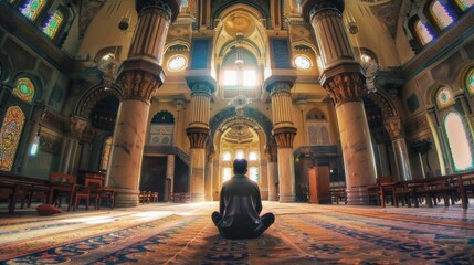 Photo of a Muslim man praying in a mosque.