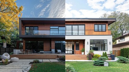 A split image showcasing two modern houses with distinct architectural styles and landscaping.