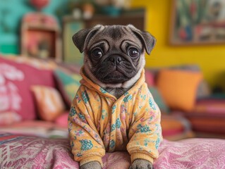 Wall Mural - A pug dog is wearing a floral jacket and sitting on a couch