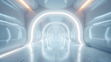 Poster - Futuristic corridor with glowing arches and reflective floor in a modern building