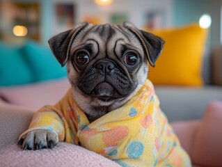 Wall Mural - A pug dog is wearing a floral jacket and sitting on a couch