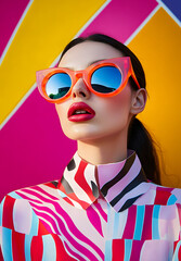 Wall Mural - A vibrant, colorful fashion editorial featuring a model wearing bold sunglasses and oversized in shades of pink, orange, yellow, red, blue, purple, green, black, white, geometric patterns