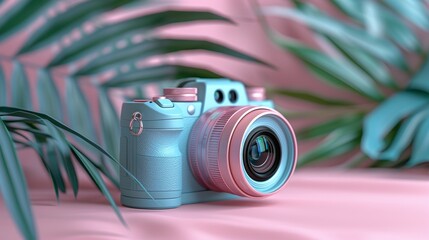 Wall Mural - Elegant Camera on Pastel Background Celebrating World Photography Day with Tropical Leaves