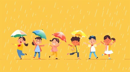 Wall Mural - A group of cartoon children are walking in the rain, with umbrellas.