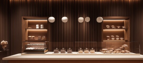 Poster - Interior wall design in a luxury chocolate shop. The background is decorated with warm brown walls and white ceiling lights that softly illuminate the display case with various types of chocolate.