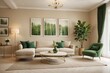 © HEKOLA - A living room with a green plant, a white couch, and a green chair