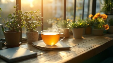 Fototapete - A steaming cup of tea sits on a wooden surface, embraced by flourishing plants and warm morning sunlight filtering through the window