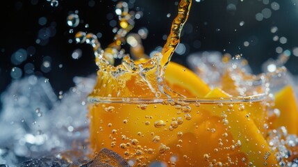 Fresh orange fruit with juice splash closeup view