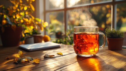 Aufkleber - A steaming glass of herbal tea sits on a wooden table, surrounded by autumn leaves and sunlight streaming through the window