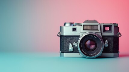 Sticker - Vintage Camera on Pastel Background Celebrating World Photography Day with Soft Gradient Colors