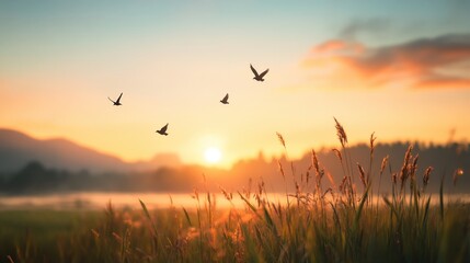 A tranquil sunrise casts golden hues over a peaceful landscape as birds take flight, celebrating the beauty of a new beginning.