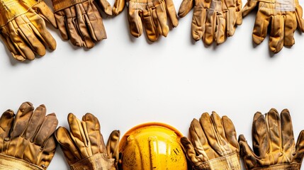 Wall Mural - Labor Day Frame Border Background with Work Gloves and Safety Helmet on White Surface