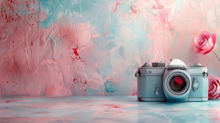 Wall Mural - Vintage Camera on Pastel Background Celebrating World Photography Day with Artistic Floral Elements