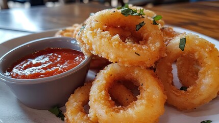 Wall Mural - Fried calamari rings with marinara dipping sauce.