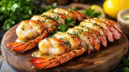 Wall Mural - Grilled lobster tail with garlic butter and herbs on a rustic wooden board