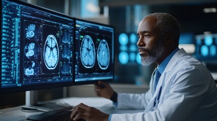 Poster - A healthcare expert intently reviews detailed brain scans on dual monitors in a state-of-the-art medical environment