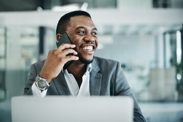 Poster - Black man, phone call and laptop for consulting in office, digital notes and calendar app for schedule. Male person, talking and contact business client for negotiation on deal, online and discuss