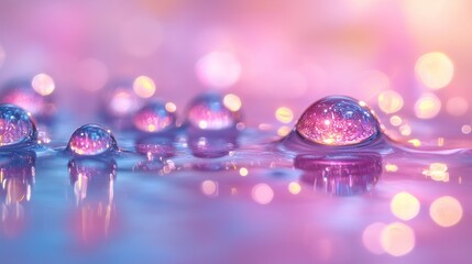 Poster - colorful water droplets on a surface reflecting soft lights in a dreamy setting