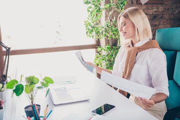 Poster - Photo portrait of lovely young lady hold analyze graph dressed stylish garment modern workplace office coworking indoor