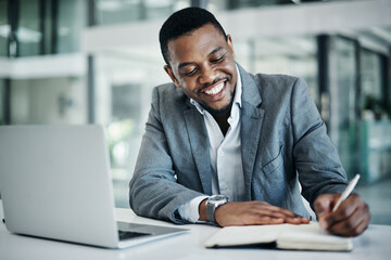 Poster - Black man, laptop and notebook for planning in office, online research and writing notes for tasks. Male person, receptionist and planner to schedule agenda, journal and reminder to email client