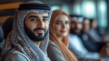 Poster - A group of professionals, dressed in traditional attire, actively participates in a meeting, sharing ideas and insights in a bright and contemporary office