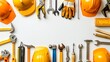 © peacehunter - Frame Border Background of Labor Day Concept with Various Tools and Safety Gear on White Background