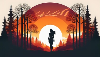 Wall Mural - Woman Silhouette with Forest Sunset A woman's silhouette is superimposed with a forest scene at sunset, creating a powerful and evocative image of nature's embrace.