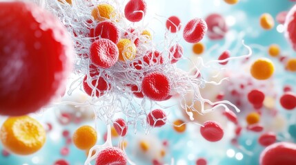 Intricate 3D rendering of erythrocytes within an artery, focus on genetic material, photorealistic, close-up, vivid colors