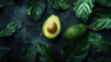 Fresh avocado fruit with leaf background