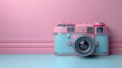 Wall Mural - Vintage Camera on Pastel Background Celebrating World Photography Day with Soft Pink and Blue Tones