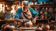 © Sirichat. Camphol - Professional potter making a pot with clay pots on a rotating wheel of a pottery machine in a factory. Folk craft work, creativity and pottery art.
