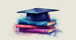 © Prostock-studio - A graduation cap sits atop two stacked books, featuring vibrant colors in a watercolor style, symbolizing education and achievement.