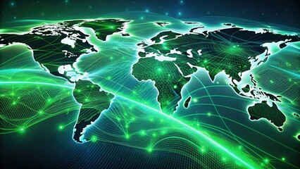 Poster - Futuristic CG map showing a green wave with interconnected routes, technology, digital, network, transportation, connectivity