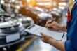 © kenkuza - Mechanic writing job checklist to clipboard at workshop garage