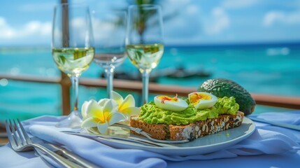 Luxury meal on table with sea